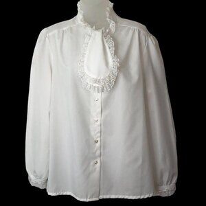 Vintage Rhapsody Womens White Lace Ruffled Blouse Long Sleeve XL Office 1980's